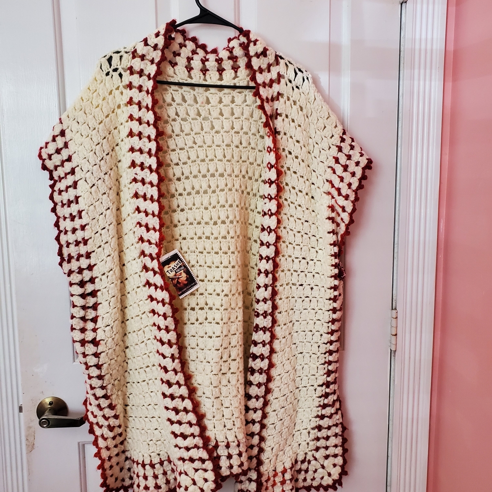 1970s,vintage,patch work Style, Wool Handmade Cozy Cream and Red Crochet Sweater